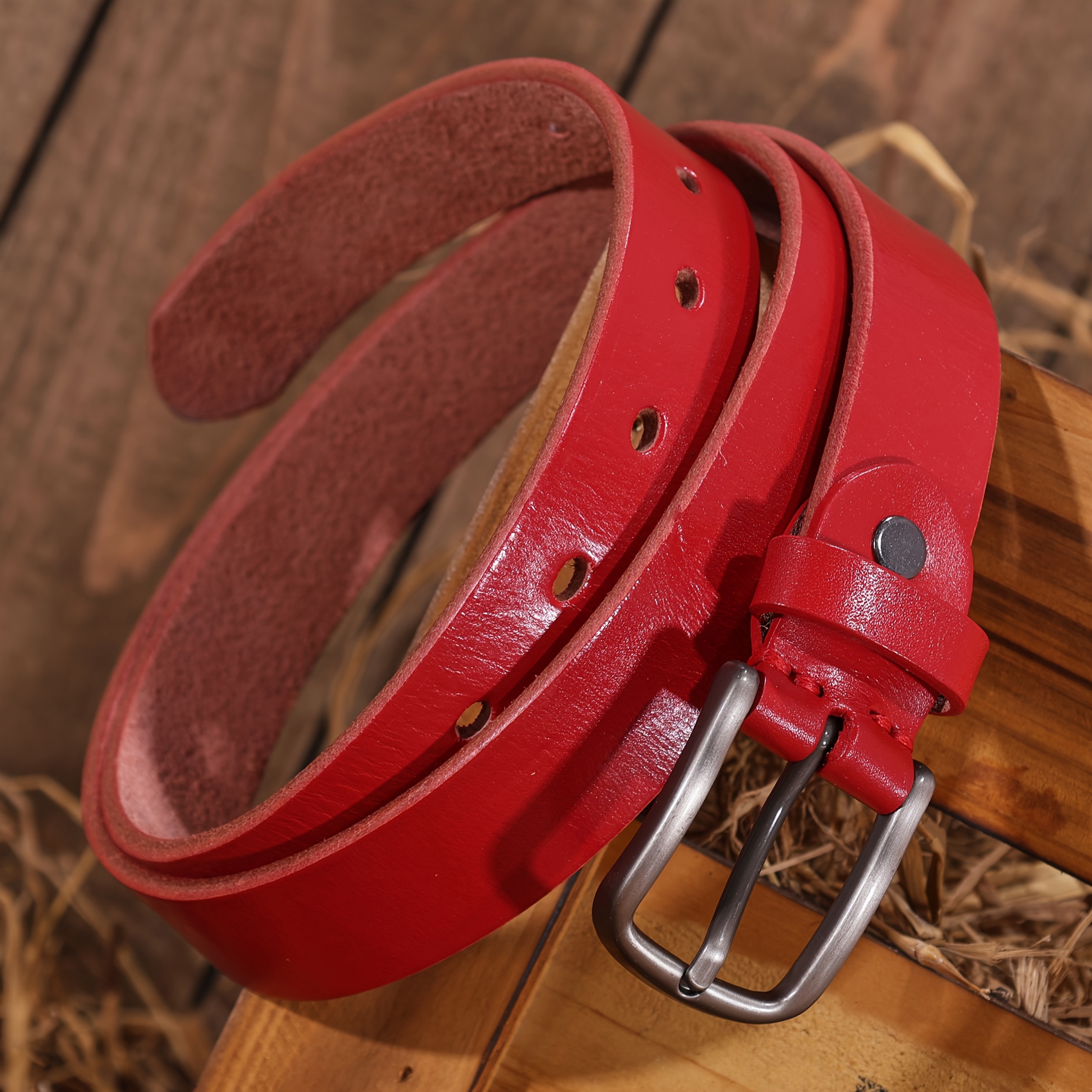 TEMU Casual High-end White Genuine Leather Belt, Multiple Colors (white / Purple / Red / Pink), Unisex, Matte Silvery Alloy , Adjustable Size,