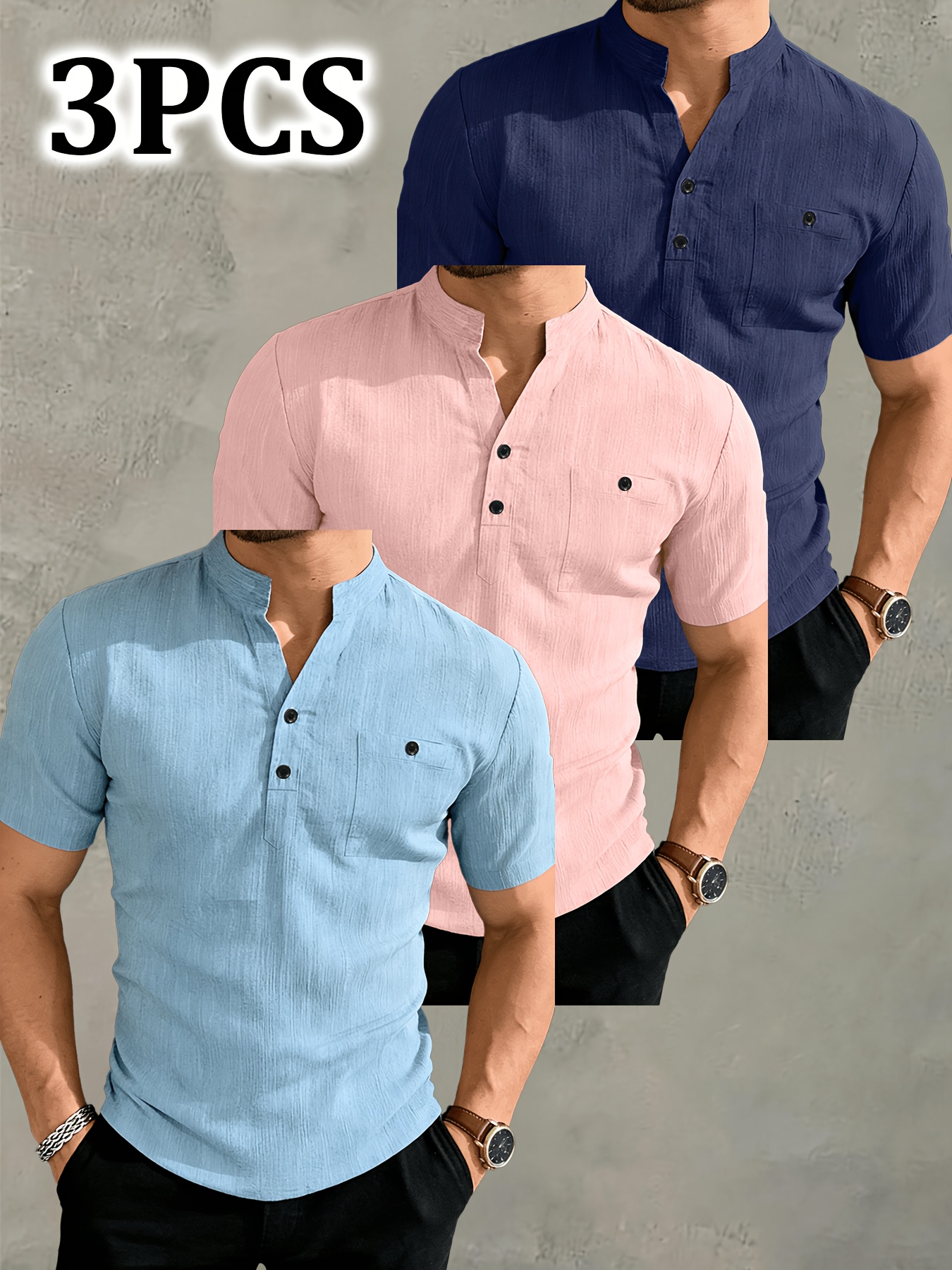 JOSHIMAY Obm 3pcs Set Men'S High Quality Summer Short Sleeve Henley Shirt T-Shirt Men'S Clothing Top, Suitable for Golf Outdoor Camping Fishing And Daily Casual Wear