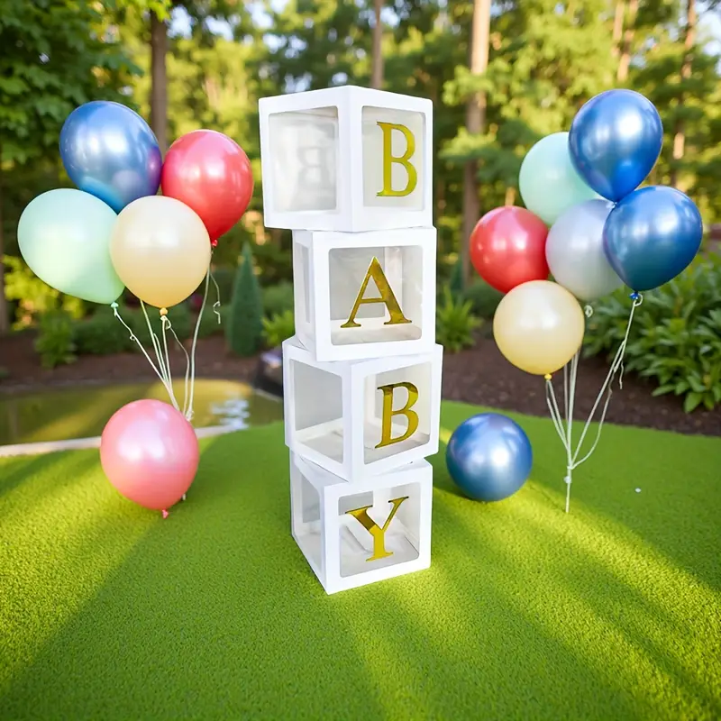 4 Stück weiße Boxen und 4 Stück goldene Buchstaben (B A B Y) Party-Aktivitäts-Requisiten, Hochzeitsparty-Site-Dekoration, transparente B A B Y-Boxen, Geburtstags,