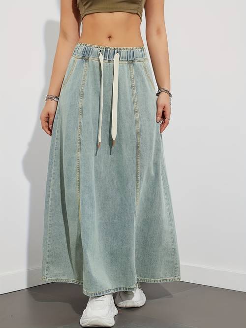 25aw en rubber tailleband amerikaanse sense elastische taille trekkoord losse a-lijn denim lange rok dames casual blauwe rok
