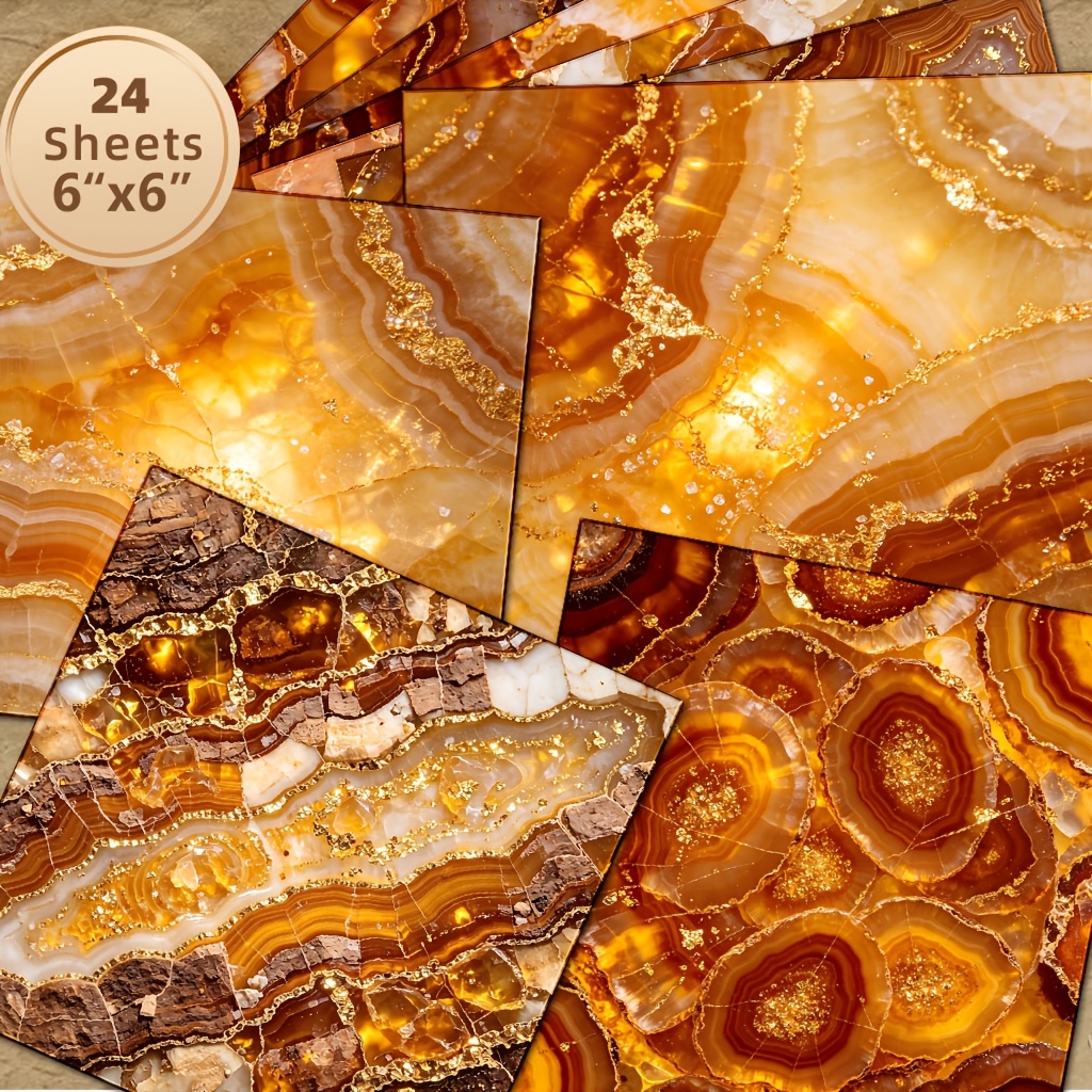 TEMU 24 Sheets Of 6x6 Inch Caramel Agate Gilded Ore Texture Journaling Decorative Paper, 2d Flat Printed Warm Brown-orange Natural Agate Layered Vein