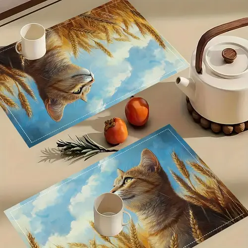 4pcs wheat field cat placemats fashion print pattern table mat for dining table kitchen party indoor holiday dinner parties and home decor table mats 12x18 inch cpd6740