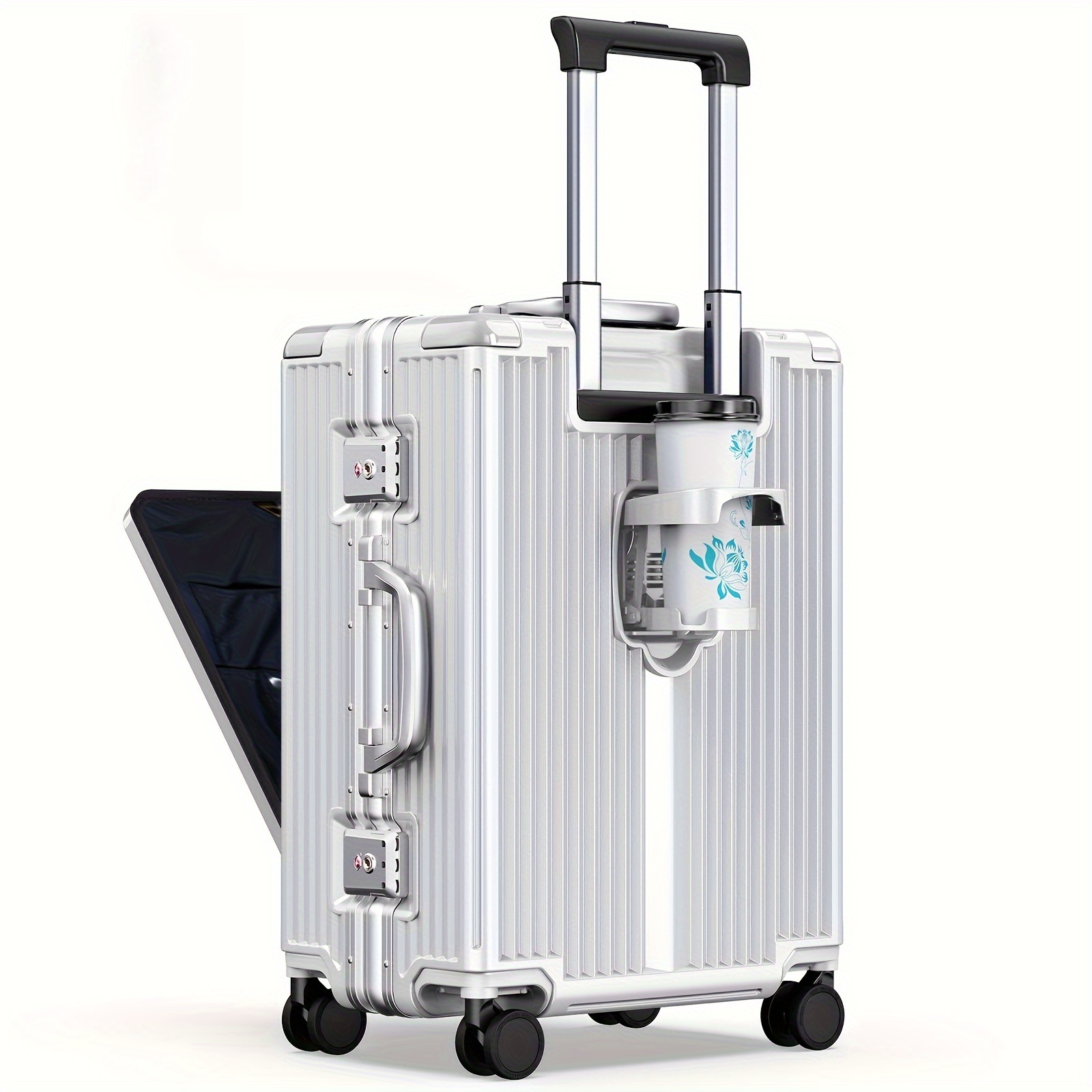 

Portable Carry On Luggage Airline Approved With Cup Holder, Practical Tsa Lock Hardside Luggage With Front Open Laptop Pocket.