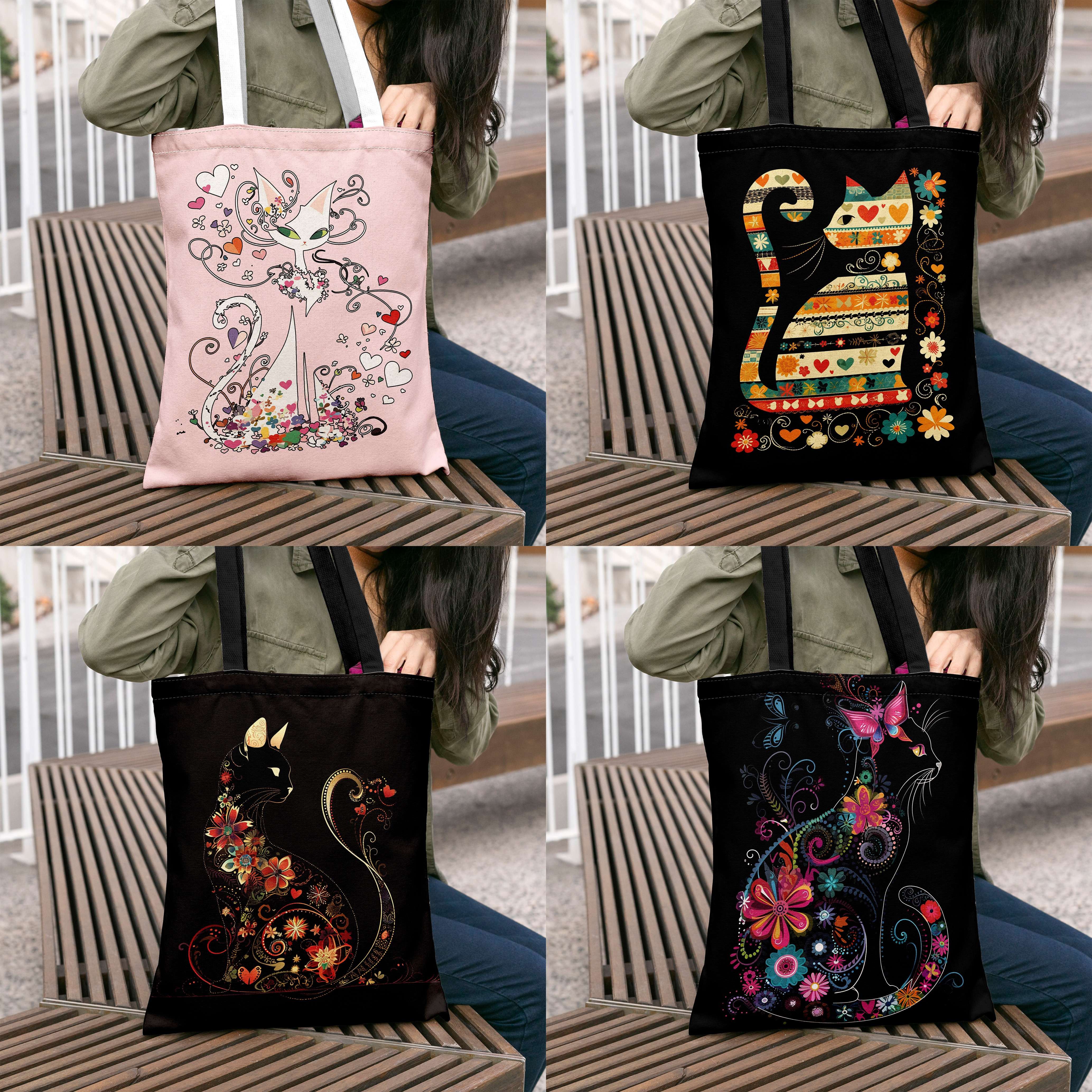 

Floral & Cat Pattern Canvas Tote Bag, Large Capacity Shopping Bag, Portable Casual Handbag, Perfect For Everday Use & Valentine's Day