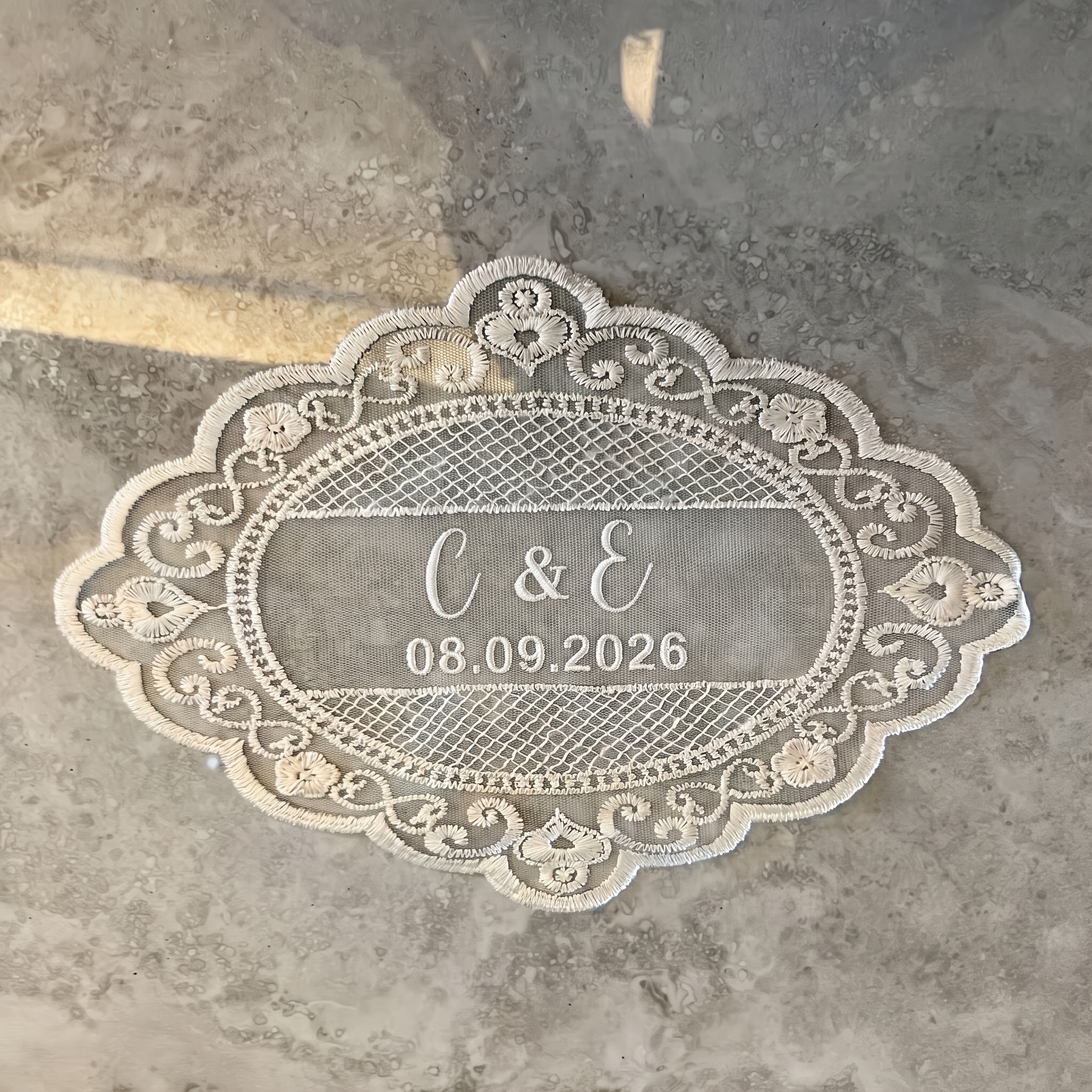 TEMU Personalized Wedding Lace Placemats - Custom Embroidered Initials & Date Suitable For Bridal Table Decor, Oval Table With Embroidery, Gift For