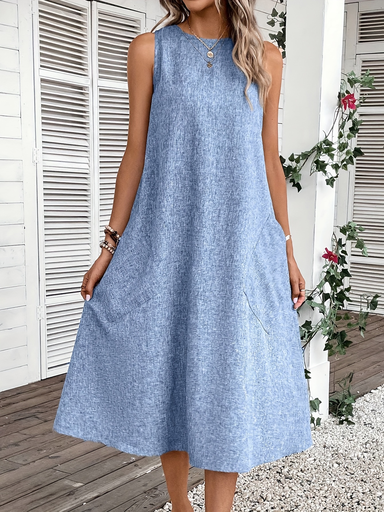 knee length dresses for ladies MEROKEETY Beach Dress Scoop Neck Sleeveless Loose Tank Dress  Merokeety