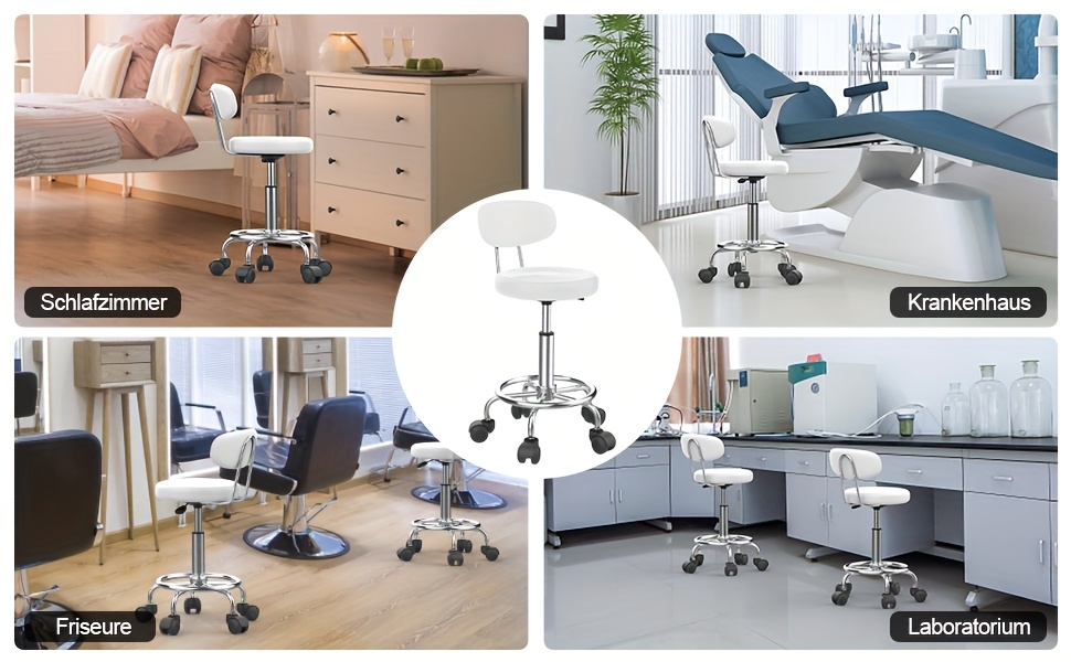 ergonomic swivel stool with backrest - height-adjustable rolling office chair, 360° rotation & memory foam cushion - heavy-duty metal base with non-slip casters - for salon, massage, spa, home - white (49.02cm-61.47cm) - easy-to-clean stool, spa furniture,  , durable construction, massage therapists Product details 3