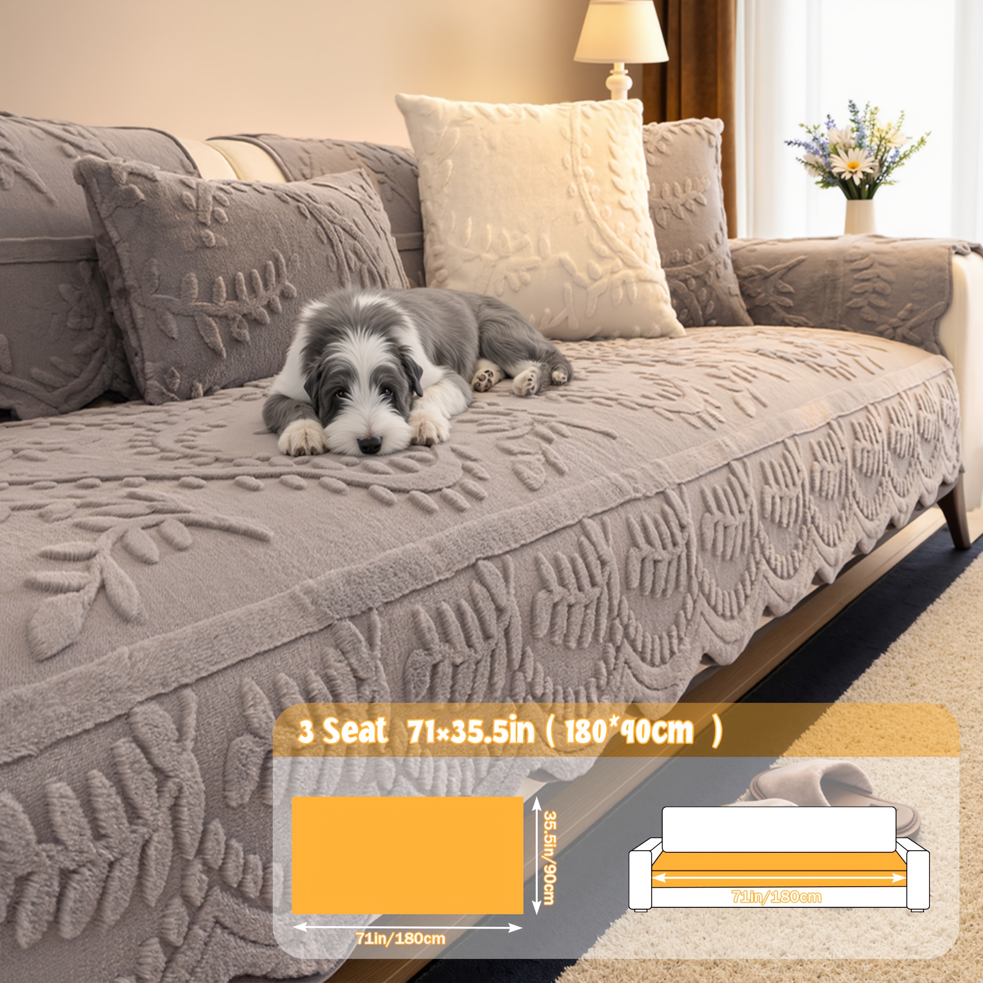 TEMU 1pc Thickened Quilted Machine Washable Sofa Cushion, Faux Rabbit Fur Warm Non-slip Plush Sofa Cover, Breathable And Comfortable Pet-friendly For