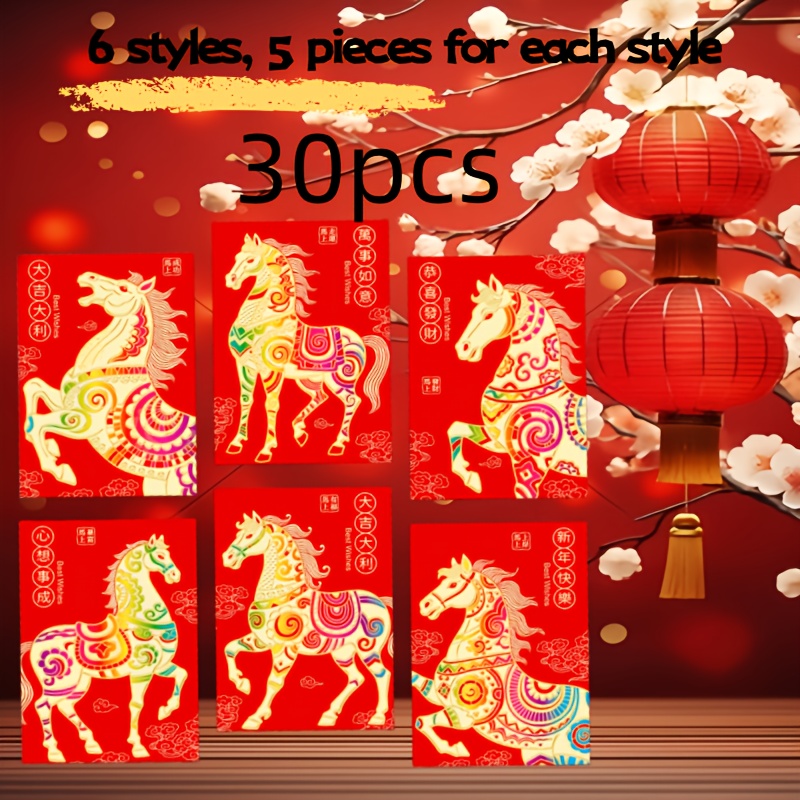 TEMU 30pcs/set Year Of The Horse ! Chinese Style Colorful Hot Foil Horse Red Envelopes 6 Kinds Of Blessing Patterns Festive New Year Red