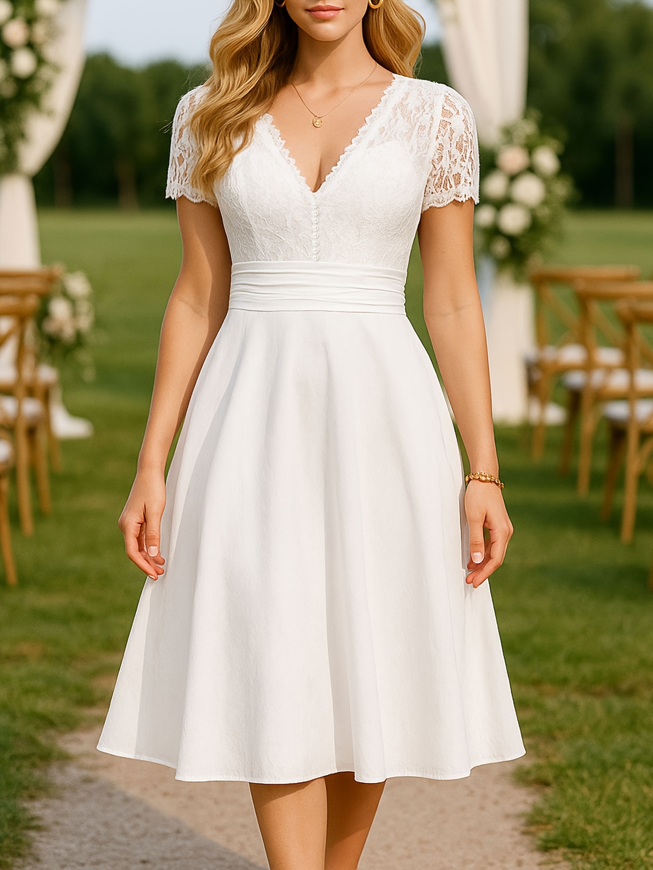 elegant white semi formal dresses White elegant sexy midi dress with short sleeves White / L main image 0