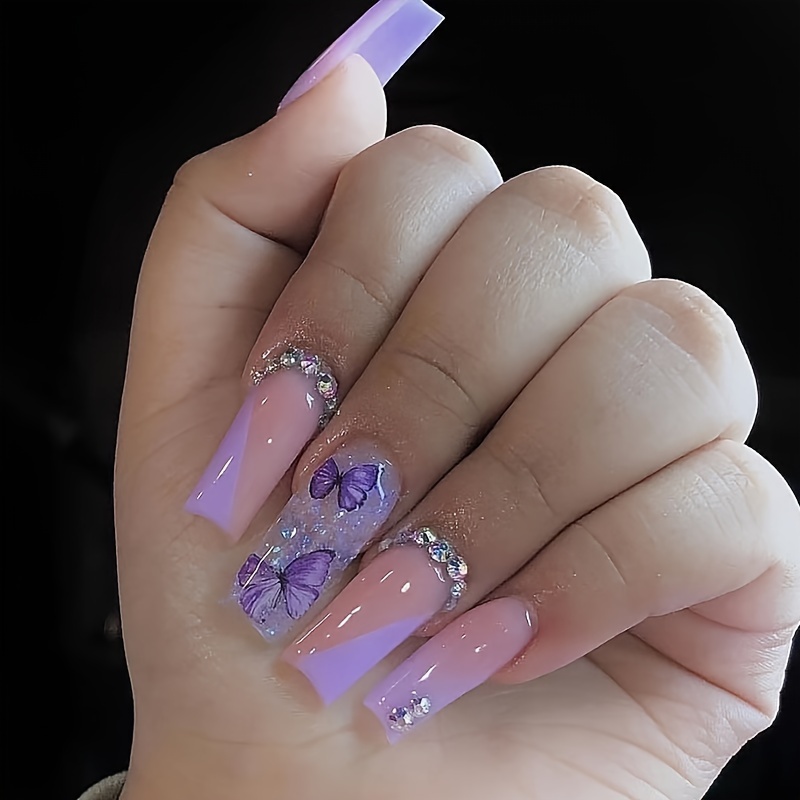 

24 Pcs Butterfly Glitter Diamond Purple Nail Tips Set With Jelly Glue & Stick, Square Shape Middle Length, Mixed Color Glossy Finish Animal Pattern Fake Nails Kit