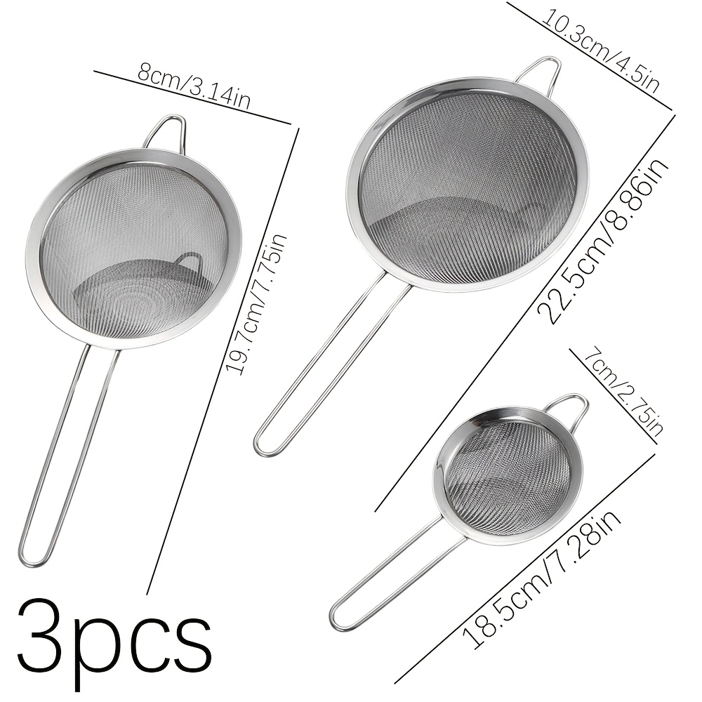 TEMU 3 Stainless Steel Fine Mesh Strainers, Very Practical Flour Sifter, With Metal Handle - Flour Sieve And Oil Strainer For Baking, Cooking And