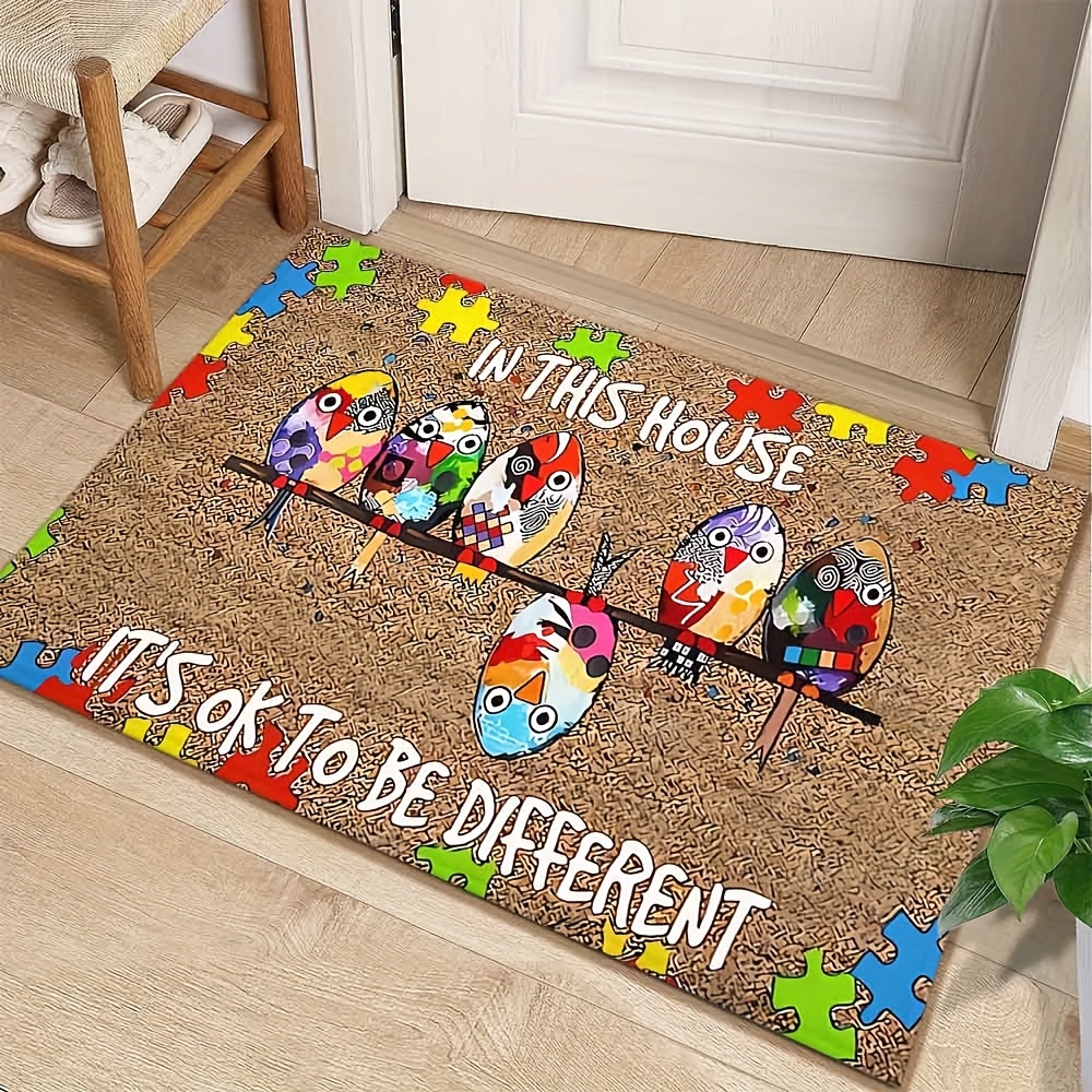 Image of Colorful Autism Awareness Bird Doormat – Non-slip, Machine Washable Polyester Mat With Puzzle Piece Design For Home, Entryway, Bedroom, Or Balcony Decor, Autism Decor