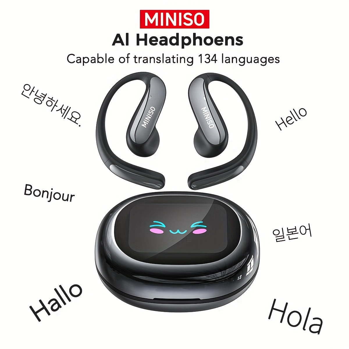 Miniso Ms203 Ai Open-ear In-ear Headset, 135 Real-time Language , 22 Hours Of Ultra-long , Multifunctional Headset With Hd Touchscreen, Quality For Music, Gaming And Fitness
