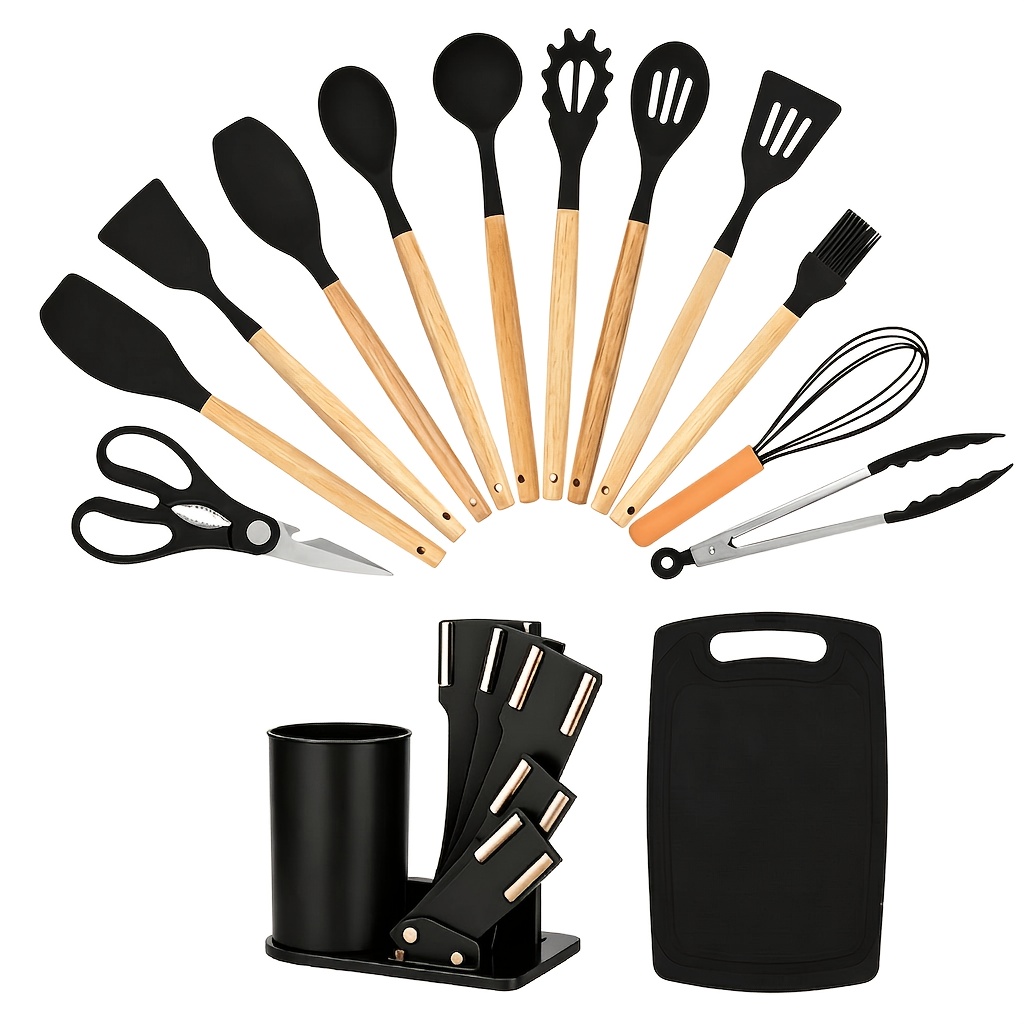 TEMU 14pcs Silicone Kitchen Utensils Set, Wooden Handle, Spatula, Tongs, Whisk, Scissors, Chopping Board, Holder, Heat Resistant Food Grade Baking