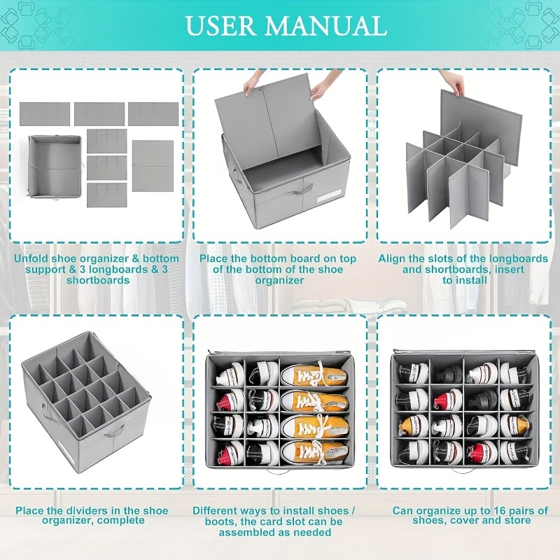 منظم أحذية بـ 16 زوجًا،   قابل للطي من قماش تخزين الأحذية بقاعدة داعمة، صناديق أحذية مستطيلة كبيرة، مقاومة للماء، إغلاق بواسطة الضغط، حامل أحذية موفر للمساحة بمقابض معززة، رمادي، أثاث خزانة متعدد الاستخدامات التفاصيل 1