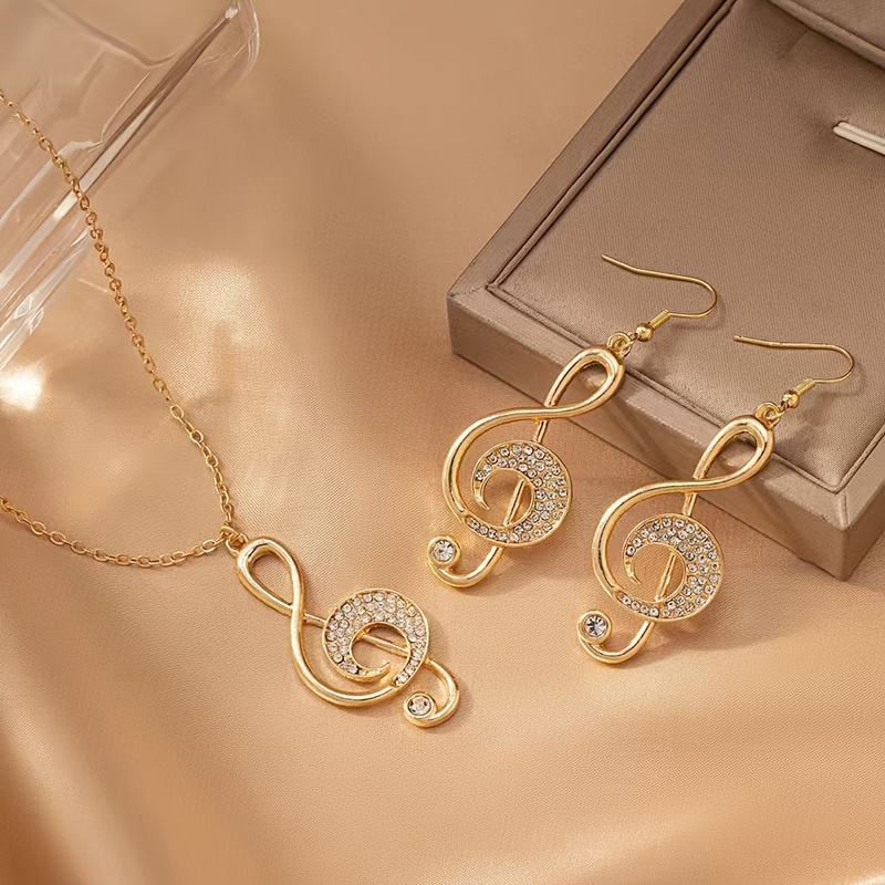 

Drop Earrings + Necklace Chic Jewelry Set Sparkling Music Note Design Inlaid Rhinestone Match Daily Outfits Party Accessories Casual Dating Decor