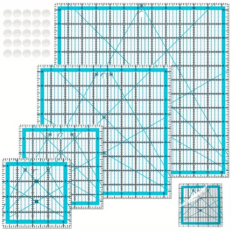 

Règle de Quilting, Règle de Quilting en Acrylique, Règle de Découpe de Tissu 4 Carrés 4.5inX4.5in, 6inX6in, 9.5inX9.5in, 12.5inX12.5in, Gabarit de Quilting avec Anneau Antidérapant