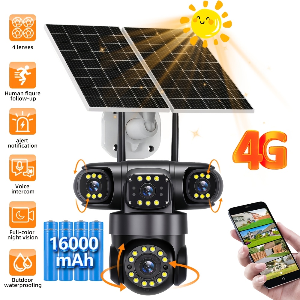 TEMU 4g Outdoor Solar Camera, With 4k Pixels, Can Simultaneously Monitor 4 Different Directions | 360 ° 4 Lenses, Ptz Technology, 2-way Audio,
