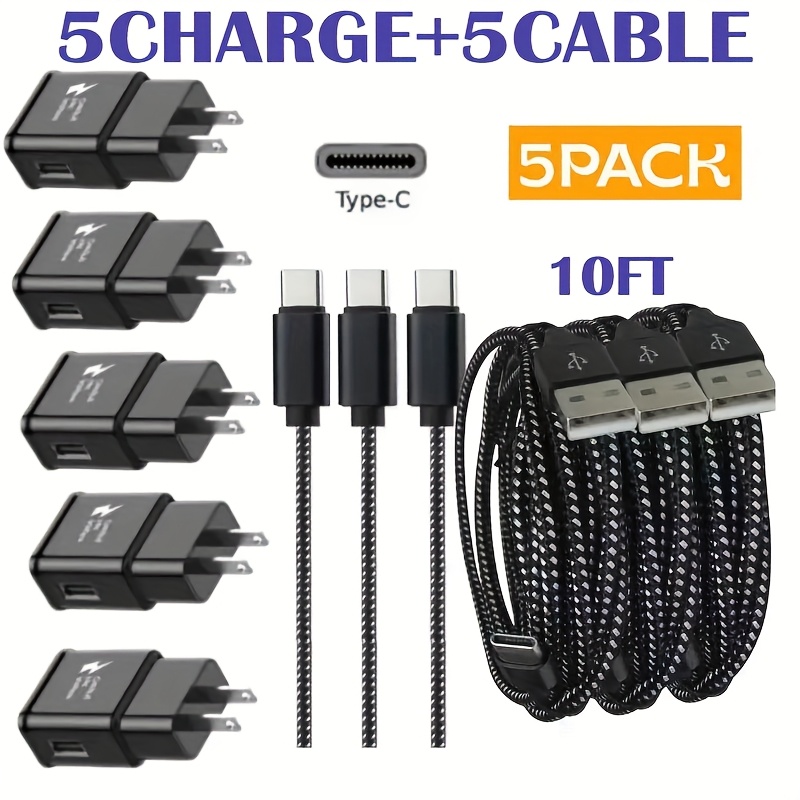 TEMU 10pcs Fast-charging Wall Adapter With 10ft Braided Usb-c Data Cable (black) Compatible With,,,,, A03s,,,,,, S9 And Smartphones Us- Plug, 10-20w Output Fast-charging Type-c Data Cable