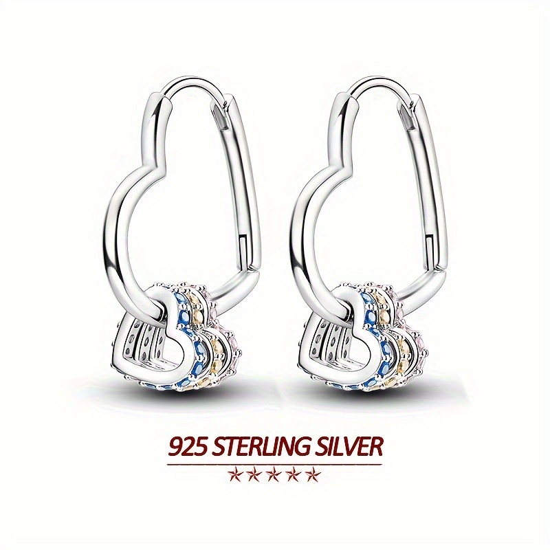 

Original 925 Sterling Silver High Quality Women Hoop Earrings Plating Heart Shape 3 Rings Colorful Zircon Weddings Earrings Jewelry Gifts
