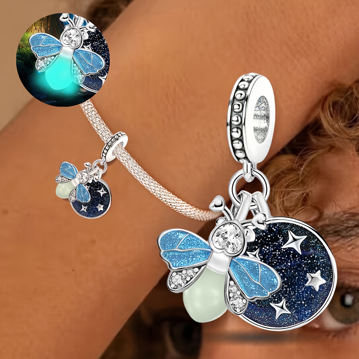 Women's 925 Silver Plated Starry Fireflies DIY Pendant Charm