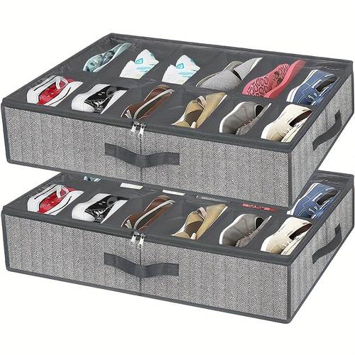 2pcs Under Bed Shoe Storage Organizers, Foldable Shoes Container Boxes With Clear Cover