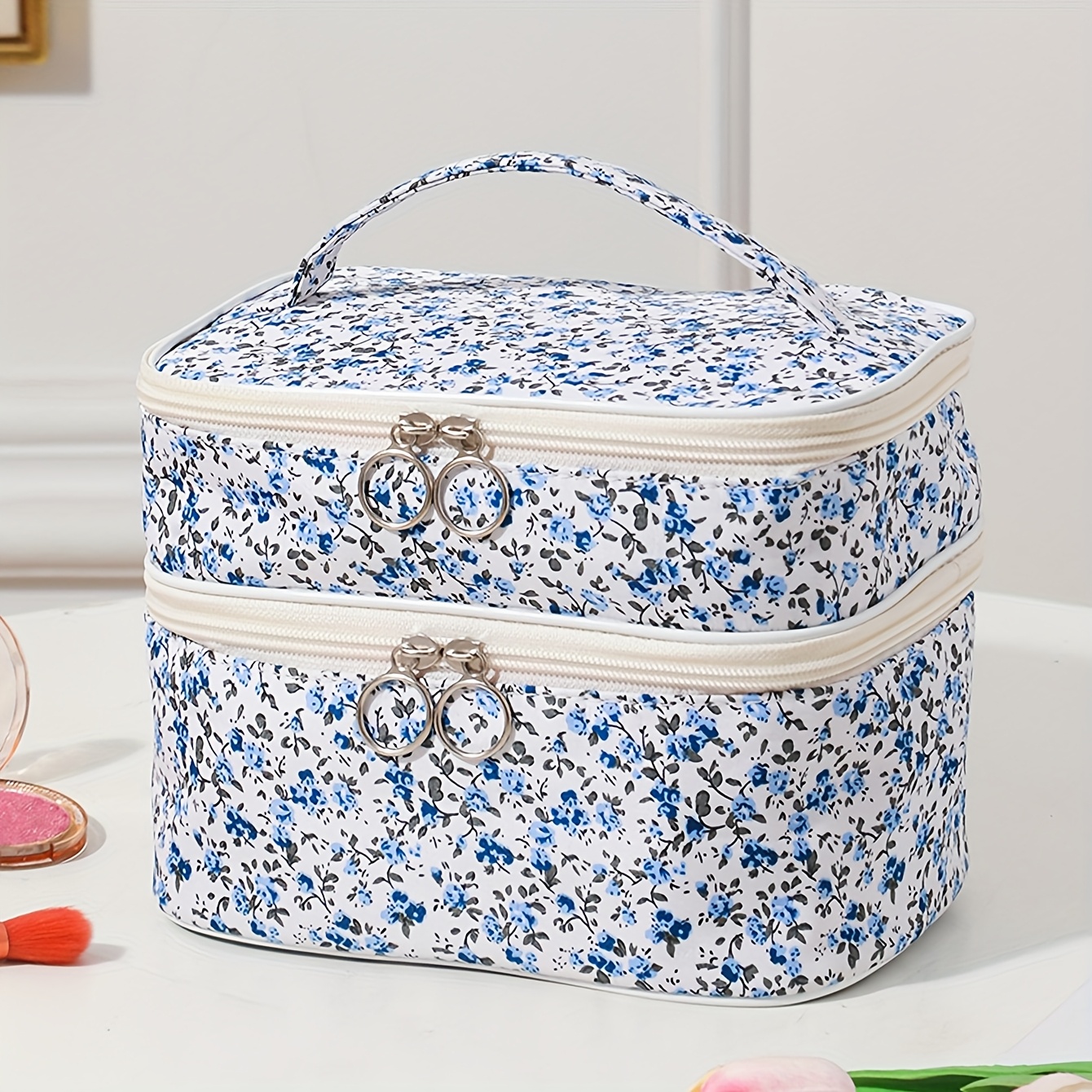 Textile Makeup Bag Large Capacity Floral Storage Cosmetic Bag Travel Outdoor Convenient Carry-on Toiletry Organizer