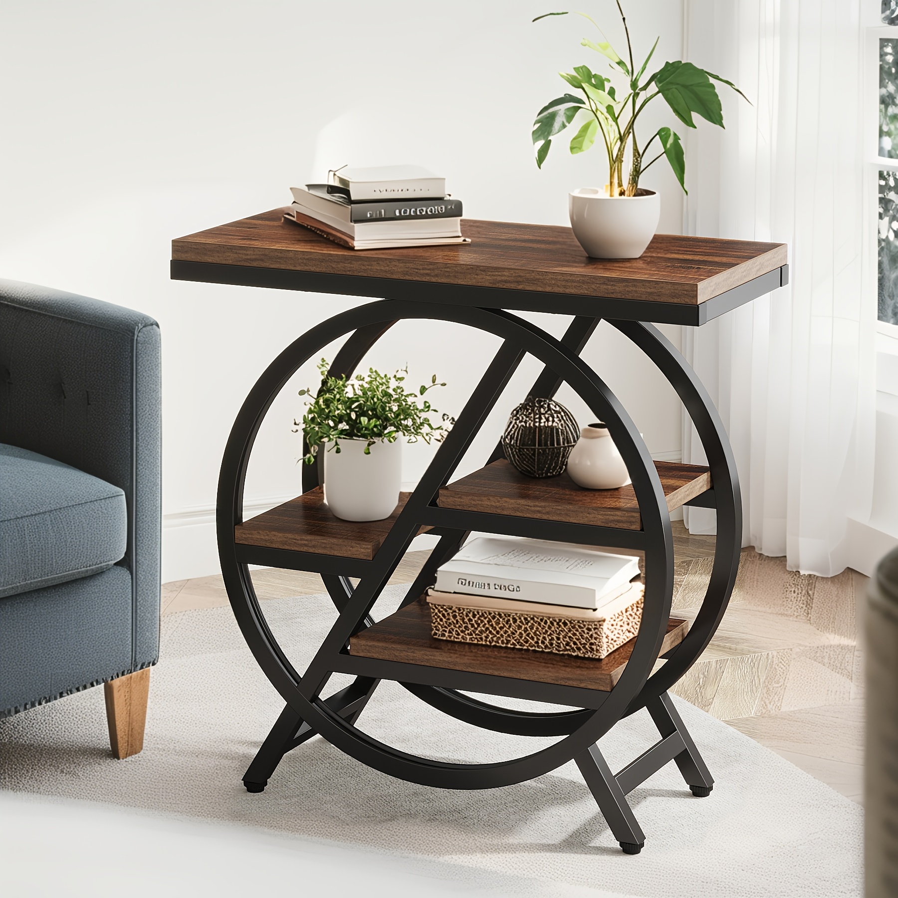 TEMU 26.18 Inch Four-tier Side Table, Small Side Table Snack Table With Storage Shelf With 4 Adjustable Legs