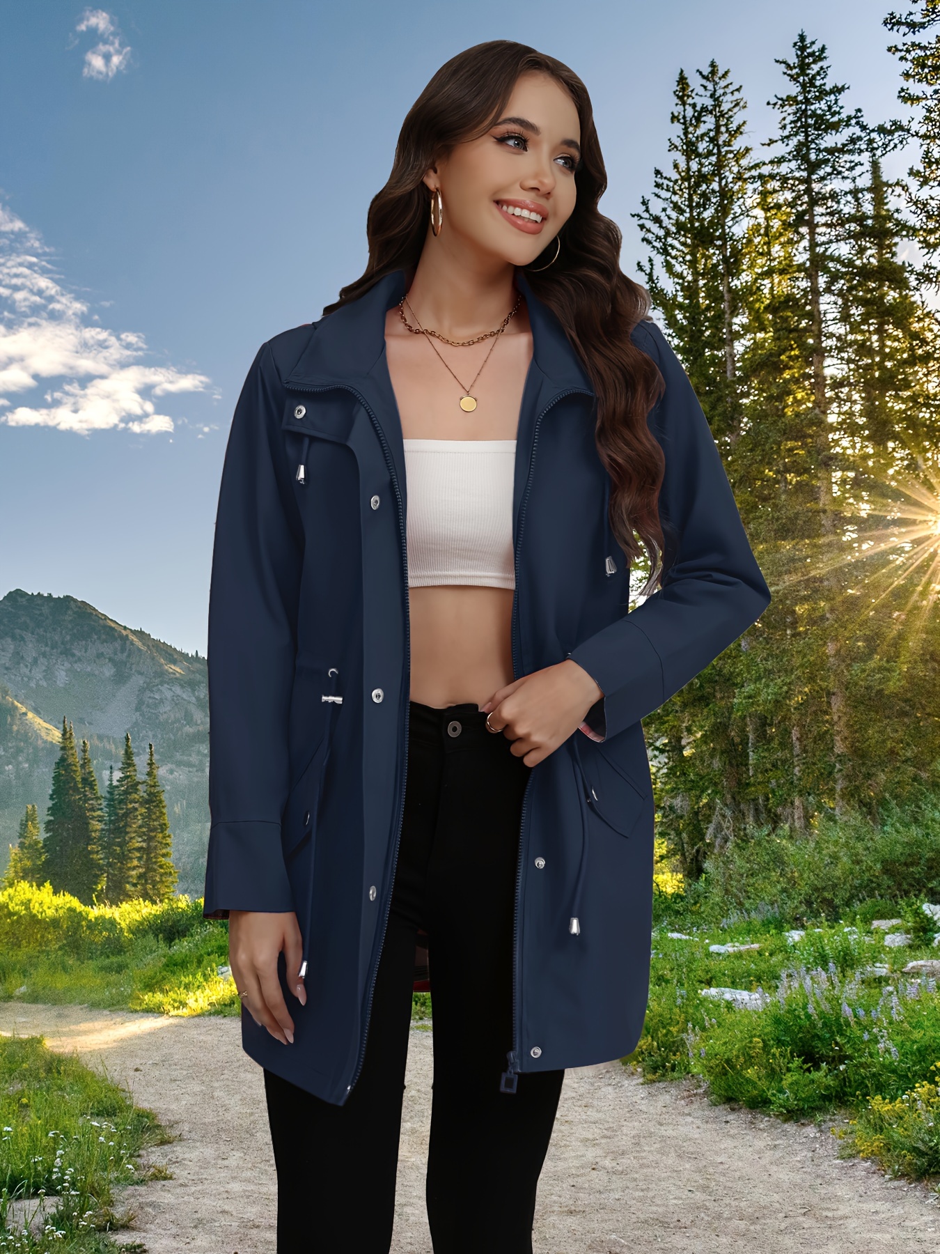 womens long sleeve hooded drawstring waist pockets zipper jacket womens outdoor wear clothing