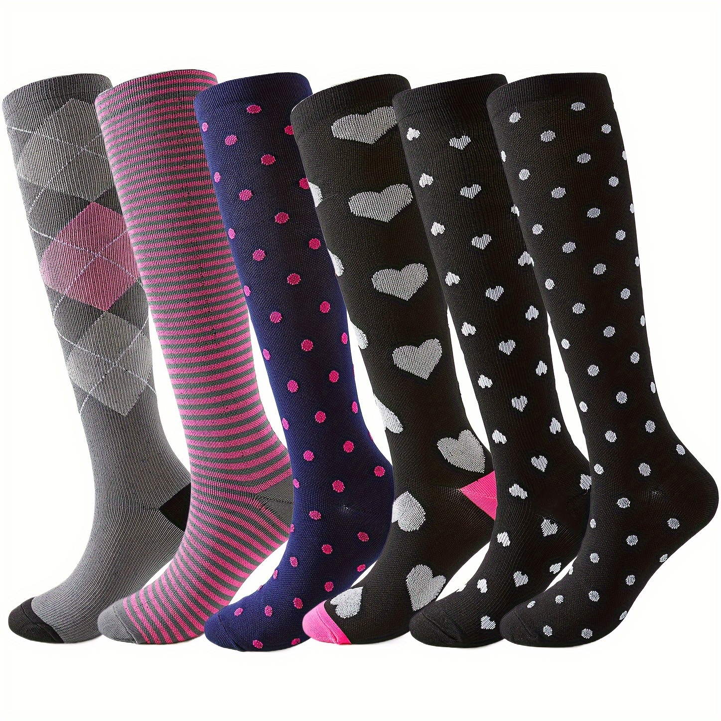 

6 Pairs Geometric & Dot & Heart Pattern Calf Socks, Breathable & Sporty All- Knee High Socks, Women's Stockings & Hosiery