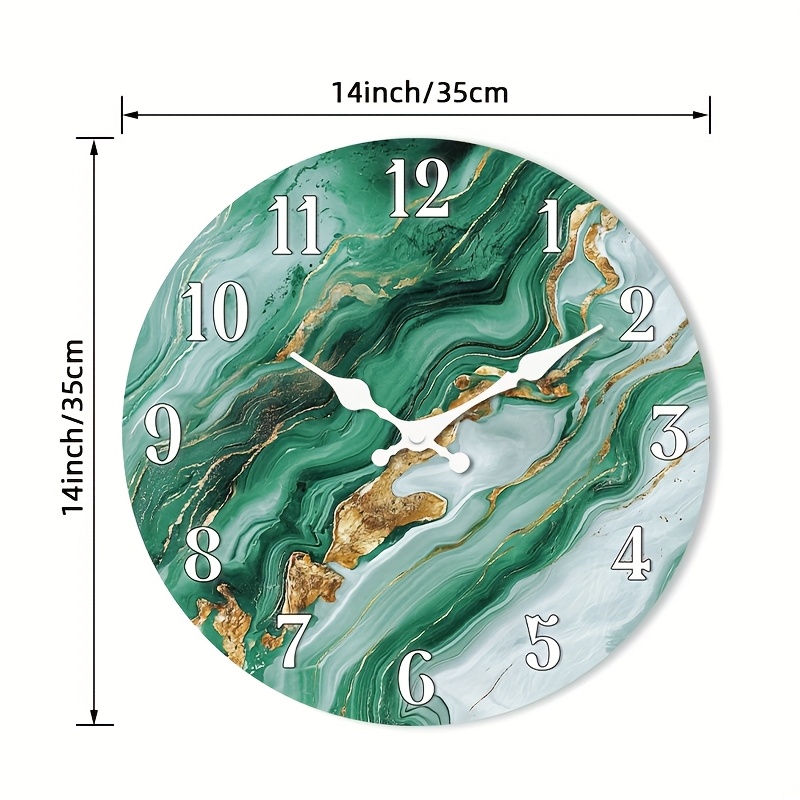 TEMU 1pc Of A Silent Wooden Wall Clock With A Circular Shape, Featuring An Abstract Green Marble Design Accented With Golden, Suitable For The