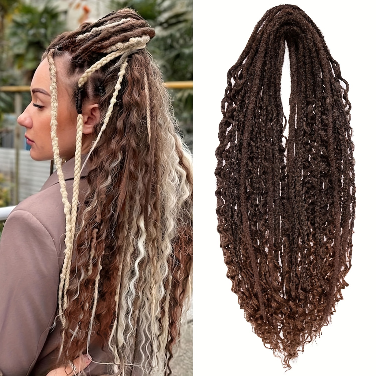   handmade double tail braided hair extensions 24 inch synthetic fiber curly wave style mixed braids 15 strands per pack for women details 6