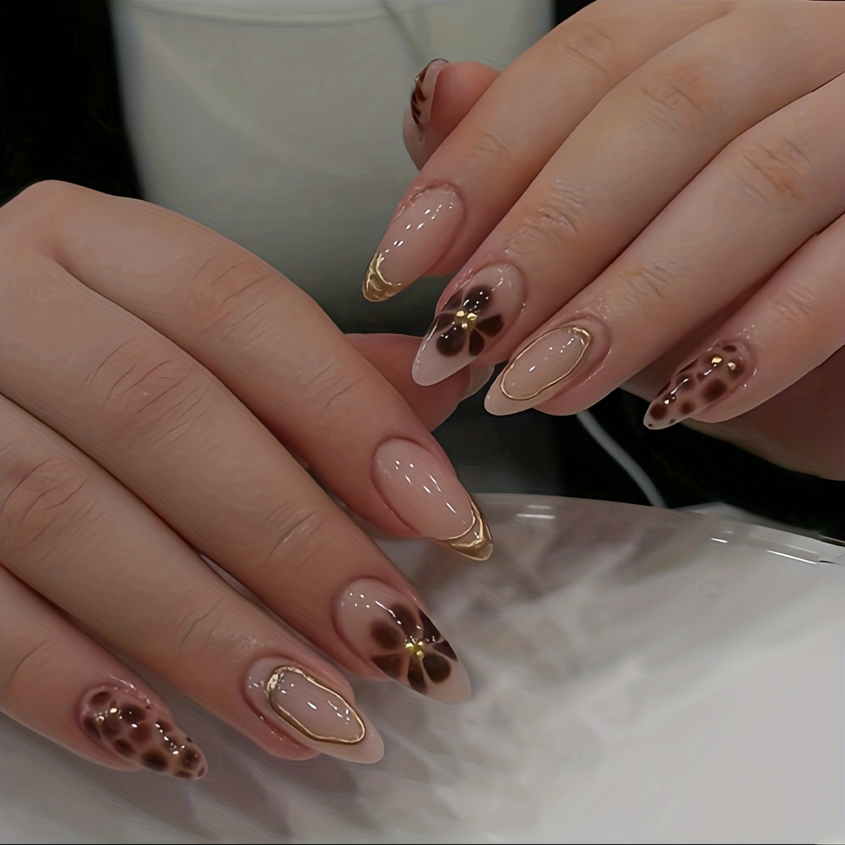TEMU 24pcs 3d Gilded Hot Stamping Epoxy Resin Nail Art Set, Featuring 3d Patterns, In Autumn-winter Brown Floral Almond-shaped Nails. Suitable For