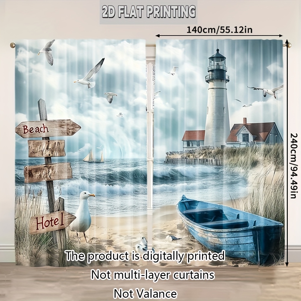 TEMU 2pcs Thermal Insulating Blackout Curtains - Coastal Beach Window Drapes With Lighthouse, Sailboats - Light Filtering Privacy Window Treatments