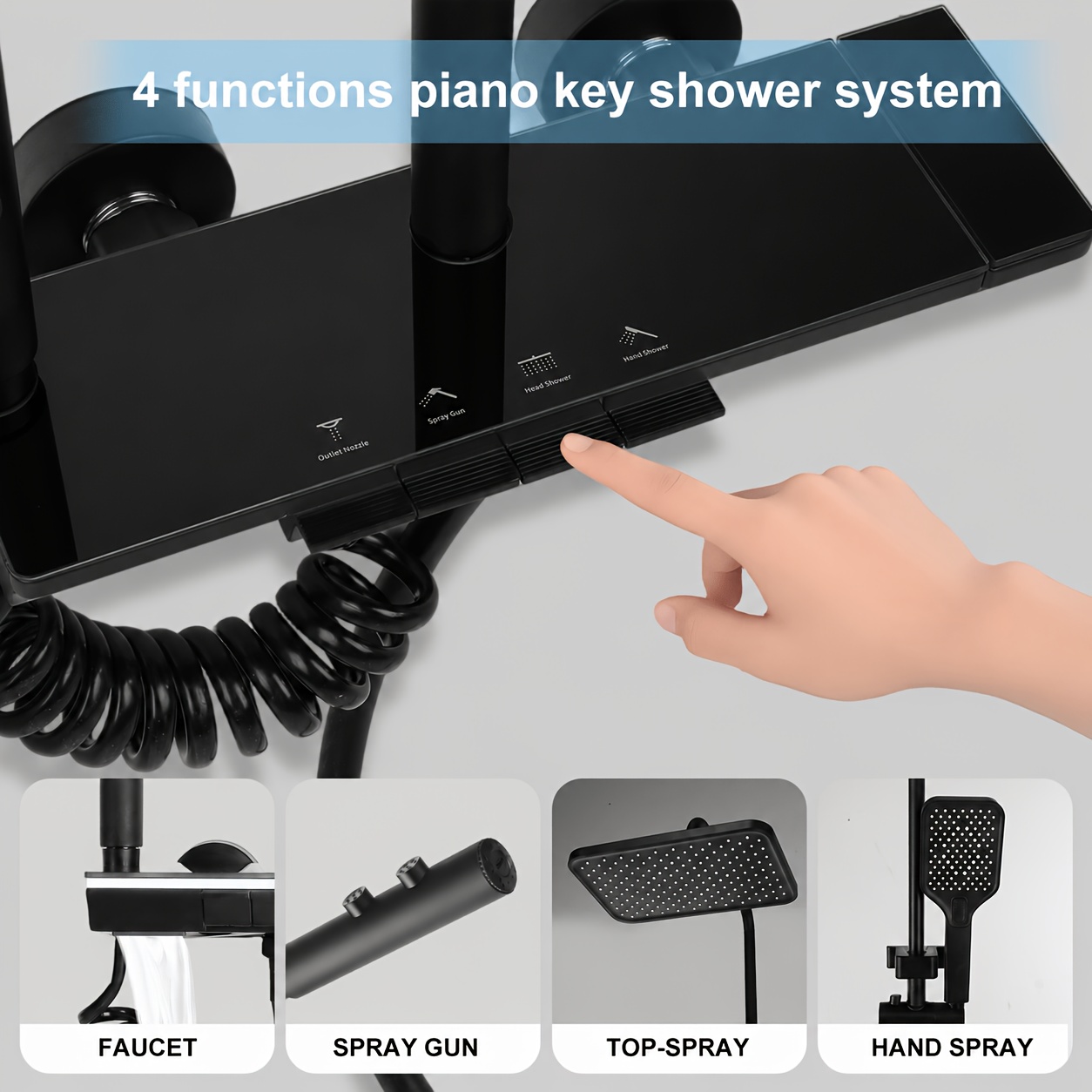 TEMU Black Shower Faucet Set With Head And Handheld Sprayer, 4 Water Outlet Bathroom Shower System, Adjustable Height Shower Combo With High-pressure