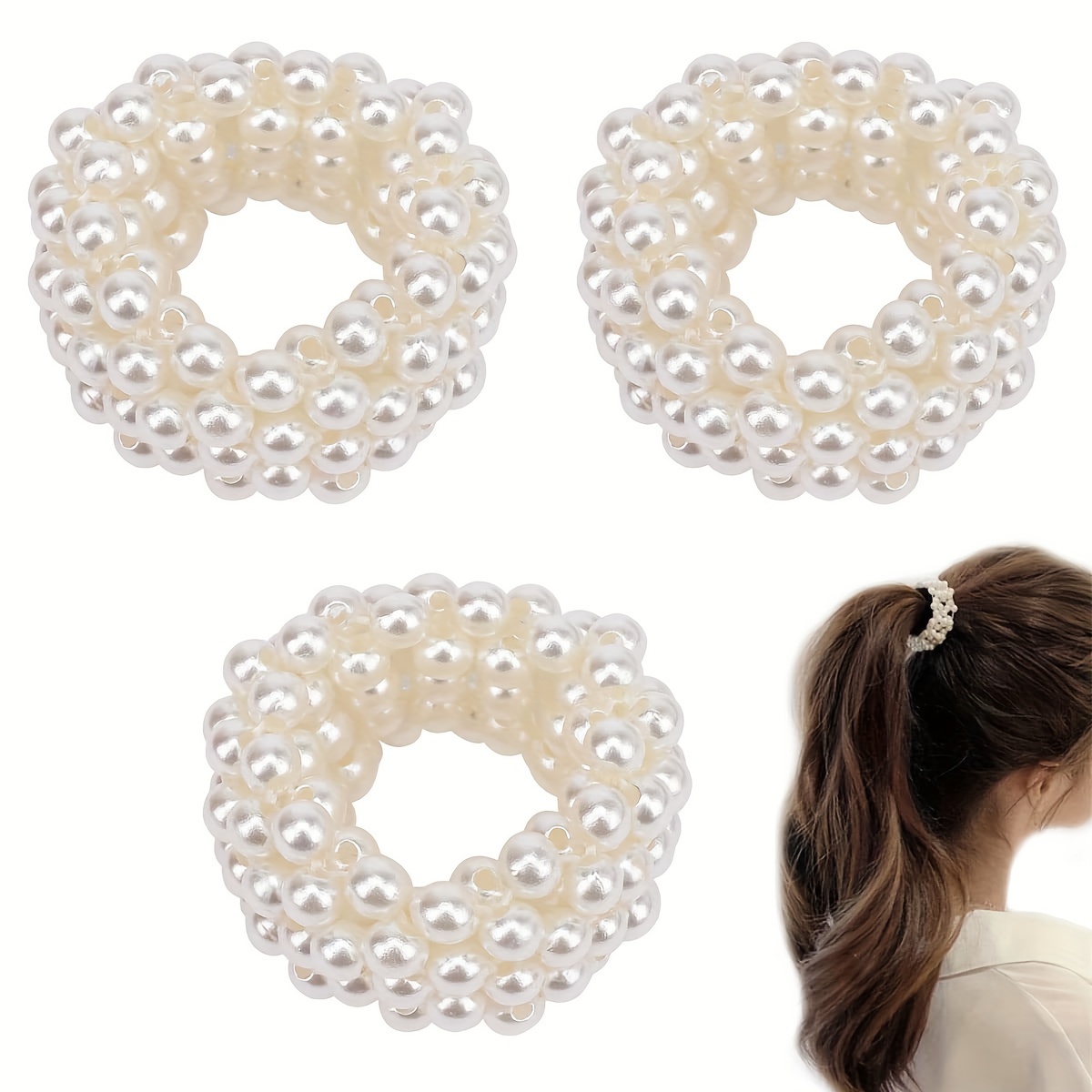 

3pcs Elegant Faux Pearl Decorative Hair Loops Elastic Hair Ties Non Slip Ponytail Holders For Women And Daily Use Wear