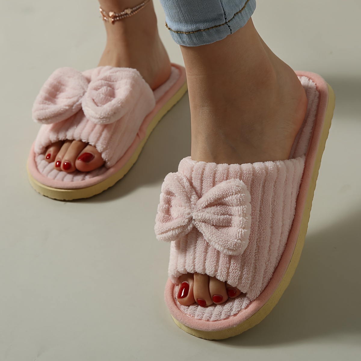 Image of Fashionable New Bow Striped Open-toe Indoor Slippers, Women Shoes
