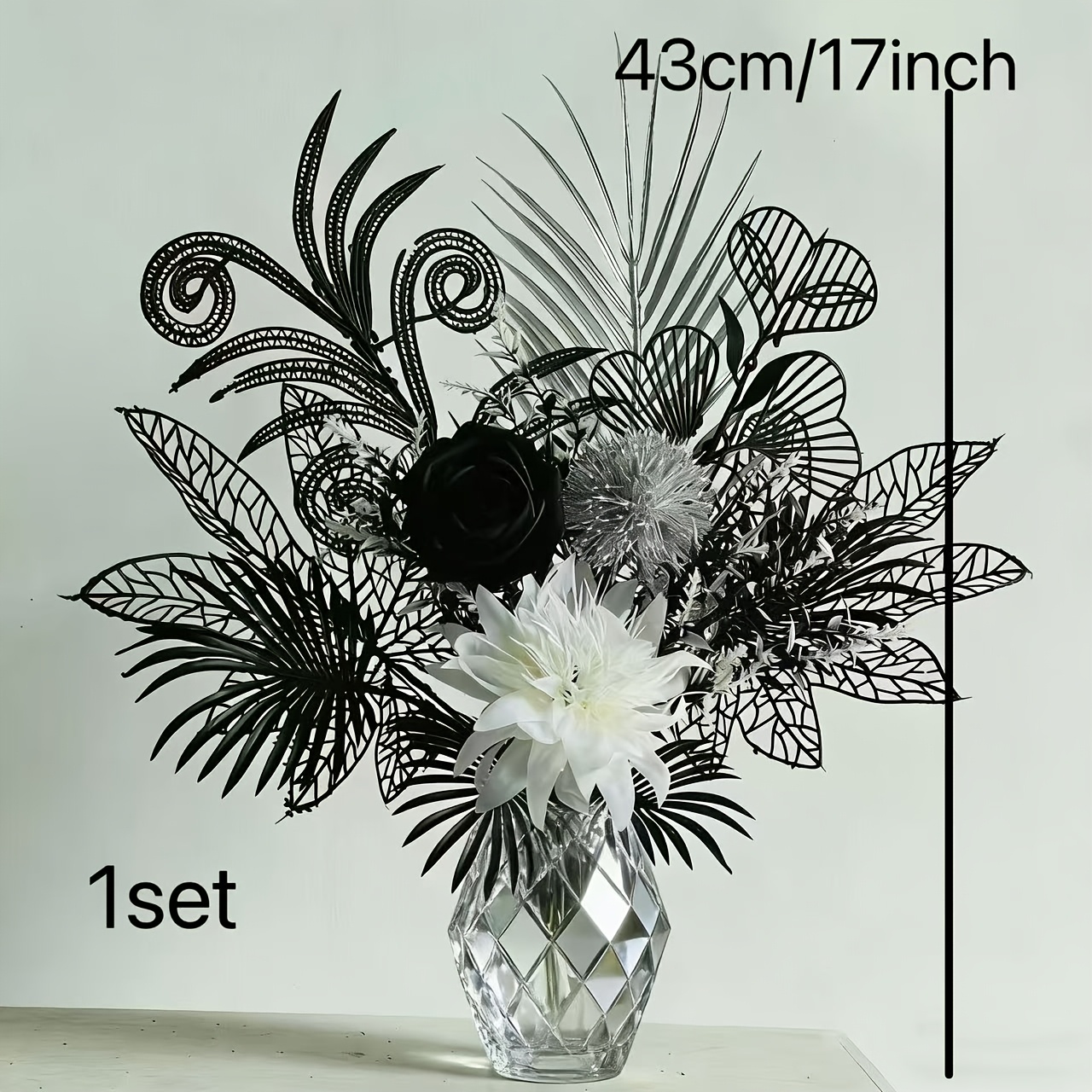 1set Artificial Bouquet, Featuring Cut Black Hollowed-out Faux Leaves And Unique Textured Black Roses, Silvery Spherical Flowers, And A White Large Flower As A Visual Highlight