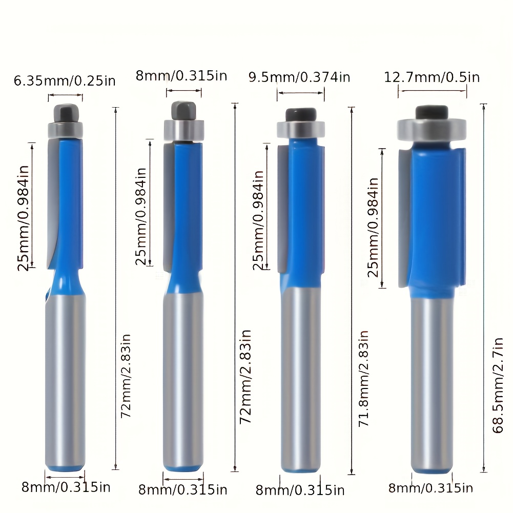 Image of 4pcs Set Of 8mm Shank Straight Milling Cutter With Bearing Set-for Woodworking Trimming/engraving/milling