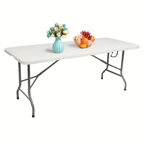 outdoor6ft portable heavy duty folding table adjustable height white plastic with handle suitable for indoor outdoor use great for camping and parties foldable camping table