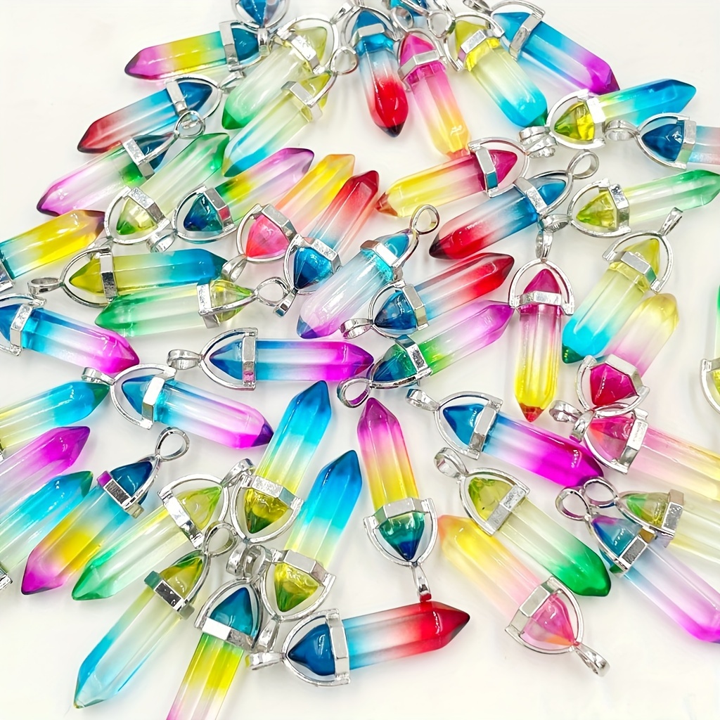 

10pcs Rainbow Hexagonal Column Pendant, Colorful Paint Glass Imitation Crystal Bullet Pendulum Charm For Diy Jewelry Making, Assorted Varieties
