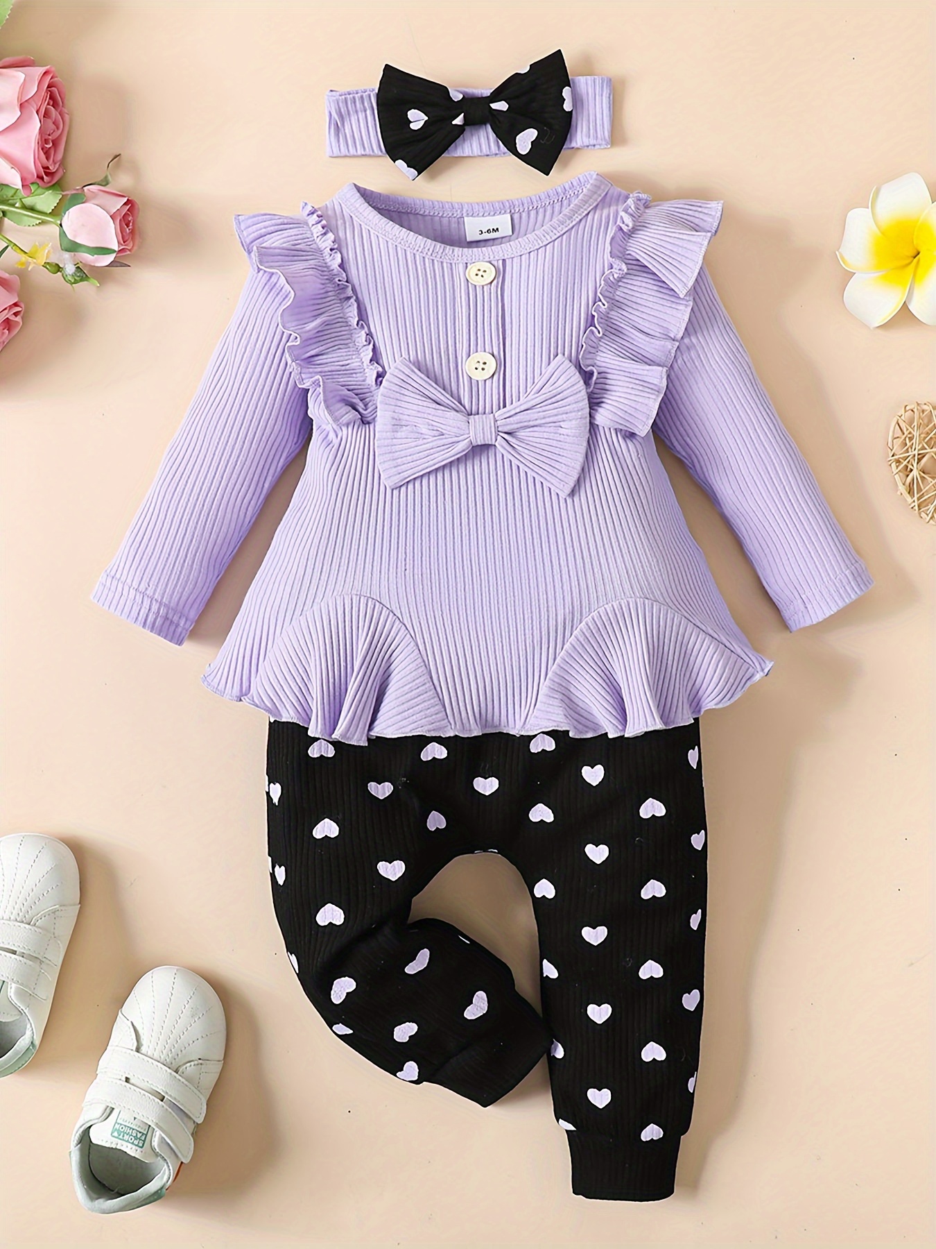 Bebiullo Newborn Toddler Baby Girls Cotton Line Bow Ruffle T Shirt Top  Floral Pants Leggings Outfits Clothes 3-4 Years