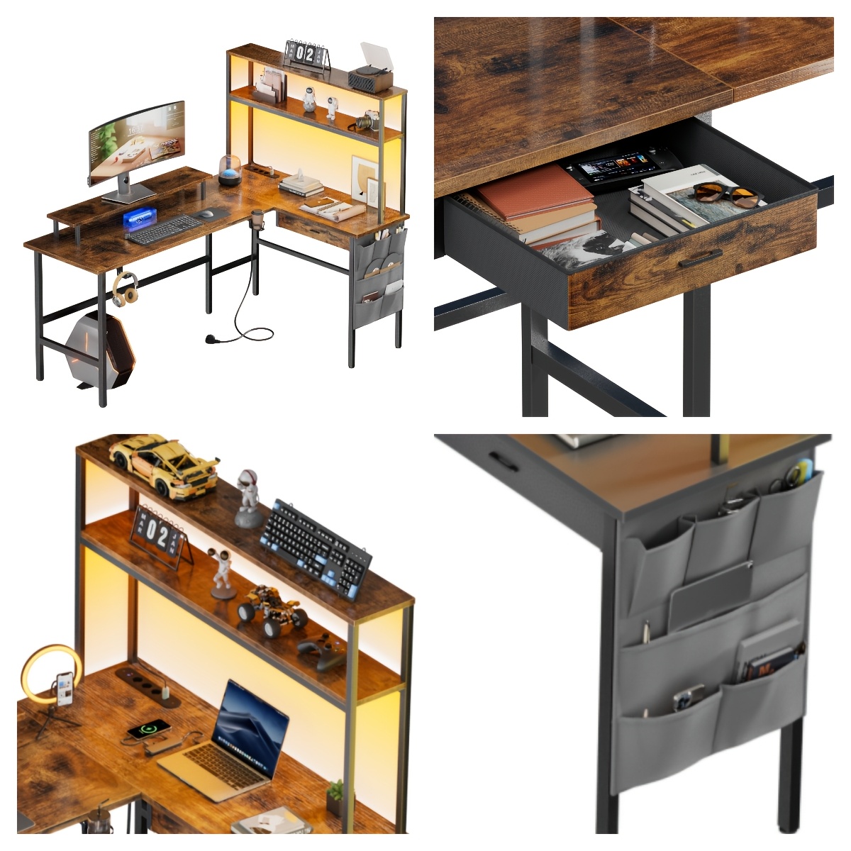 Furnishia L-shaped Corner Computer Desk, Featuring Strips And Multi-tier Storage Shelves Gaming Desk, Study Table Makes It Ideal For Offices, Gaming Rooms