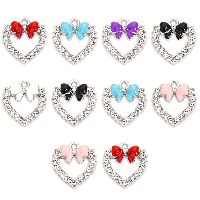 TEMU Set Of 10 Adorable Charms In Featuring Drip Oil Bows And Hollow Heart Shapes, Fashion Additions Like Necklaces, Bracelets, Earrings