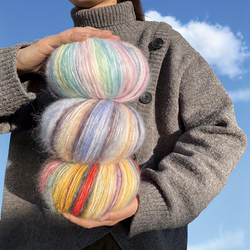 

1pc Wool 70.00%, Mohair 15.00%, Acrylic 15.00% Yarn, Rainbow Segment Dye Medium Thick Thread, For Diy Crocheting And Knitting Sweater And Shawl, 100g 350m