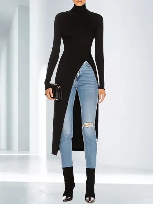 1pc womens elegant black turtleneck long sleeve t shirt dress with side casual rayon viscose stretch long length pullover for machine washable attire rayon fall wardrobe minimalist style comfortable fabric weekend wear