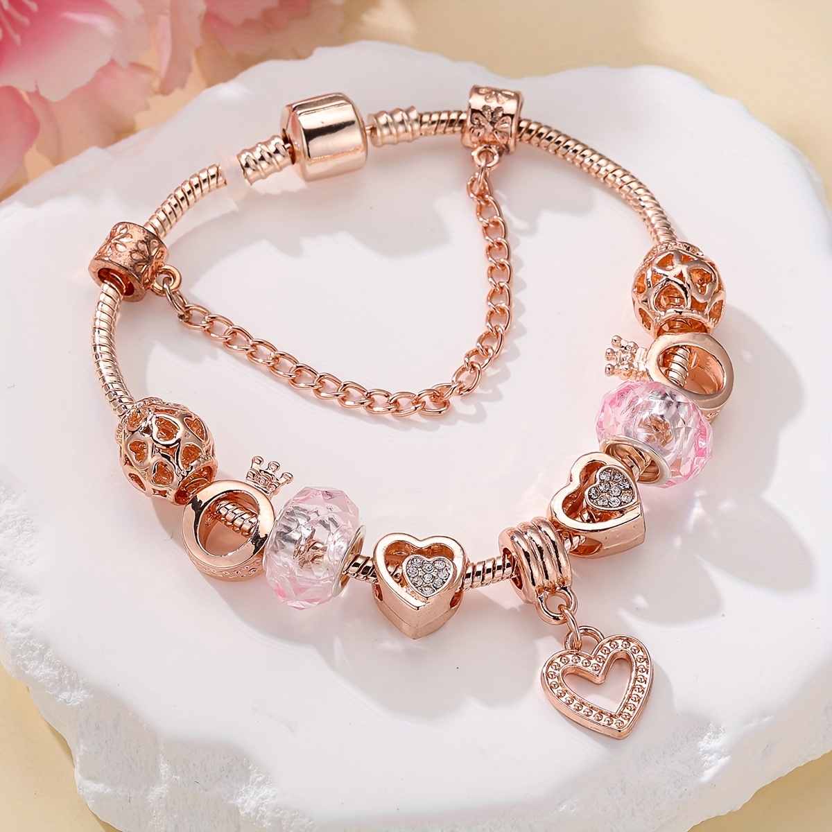 

1pc Elegant Rose Golden Alloy Charm Bracelet, Fashionable Diy Love Heart Pendant, K-plated Jewelry For Women