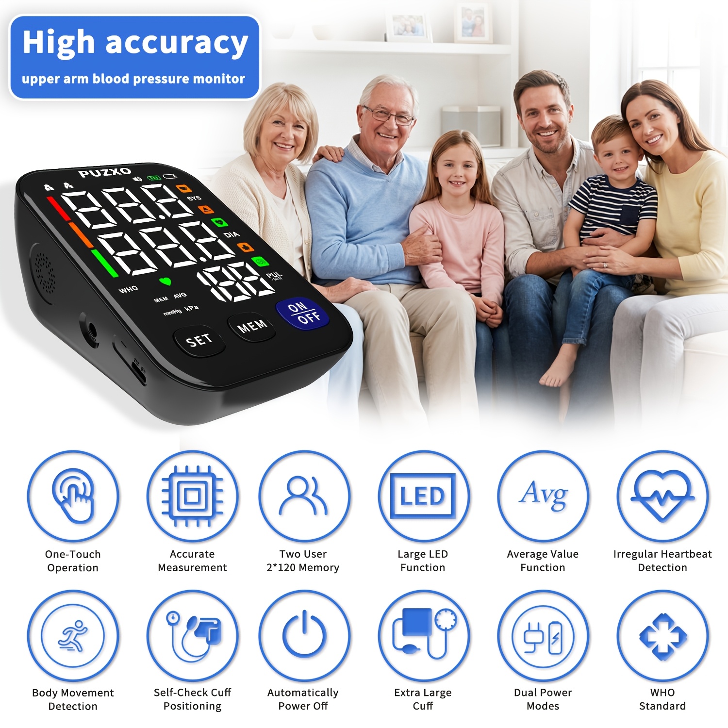 Puxzo High-end New Home Upper Arm Blood Pressure Monitor: Heart Rate Monitoring + Large Size Cuff, 120 Sets Of Memory, Large LED Screen, Voice Broadcast, Powered And Portable Design, Blood Pressure And Heart Rate Detector