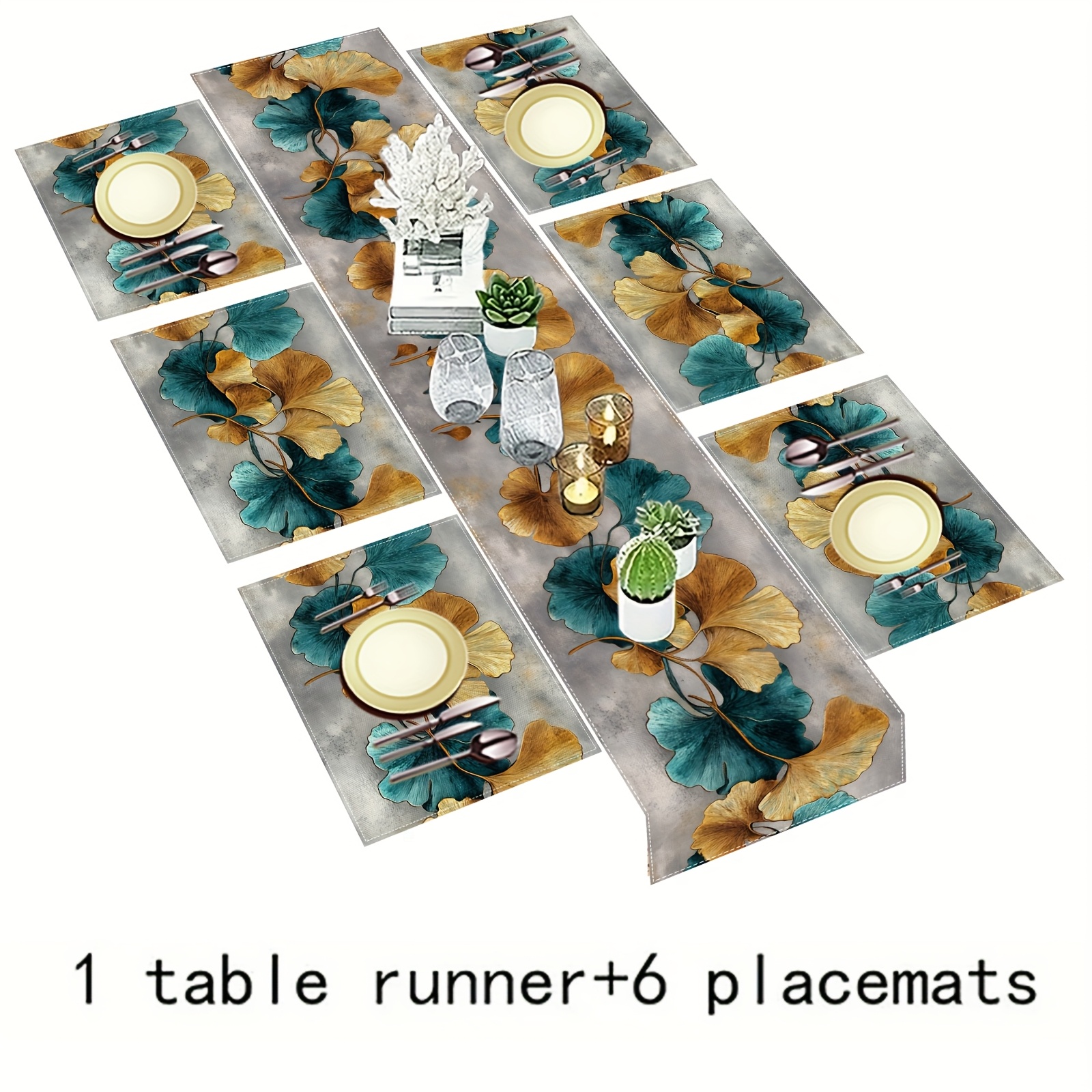 TEMU Juego de 5/7 piezas, de Mesa y Manteles de Lino, con Diseños de Hojas de Ginkgo de Acuarela Pintadas a , en un Estilo Europeo y Americano Fácil,